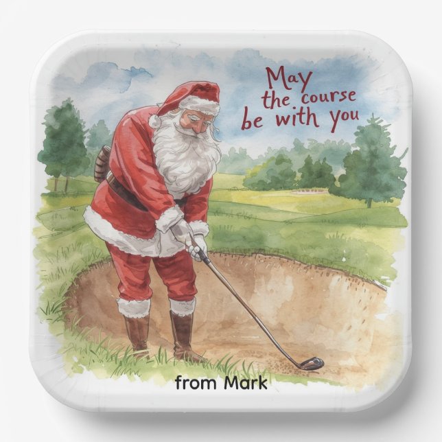Plato De Papel Navidades de golf con Santa Golfer en el campo de  (Anverso)
