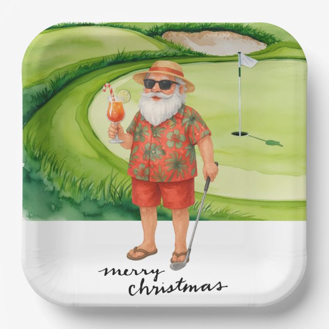 Plato De Papel Navidades de golf de Santa Claus Tema (Anverso)