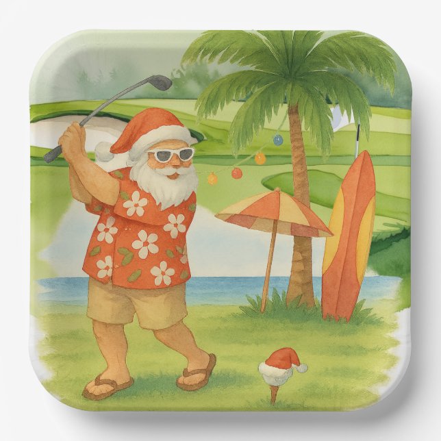 Plato De Papel Navidades de golf de Santa Claus Tema (Anverso)