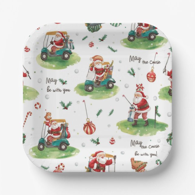 Plato De Papel Navidades de golf Santa Golfer pueden estar con us (Anverso)