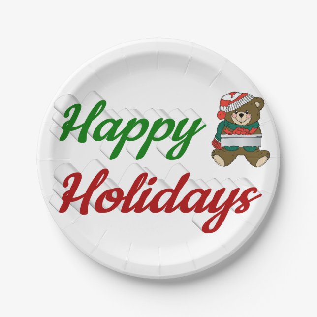 Plato De Papel Navidades de guión de Happy Holidays Teddy Bear (Anverso)