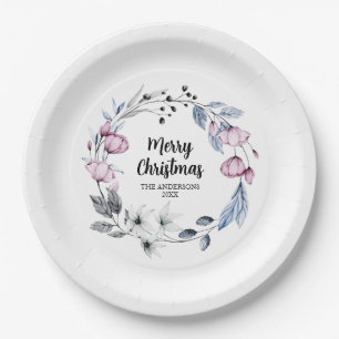 Plato De Papel Navidades de guirnaldas florales rosadas