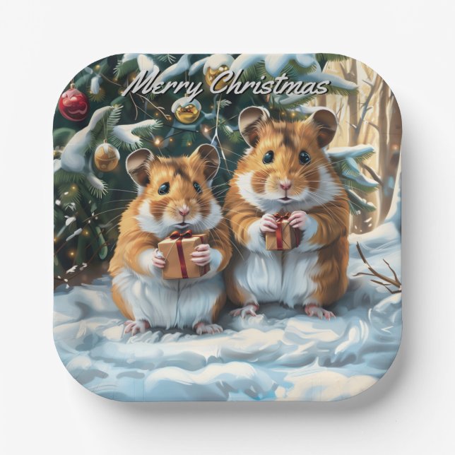 Plato De Papel Navidades De Hamsters Con Regalos (Anverso)
