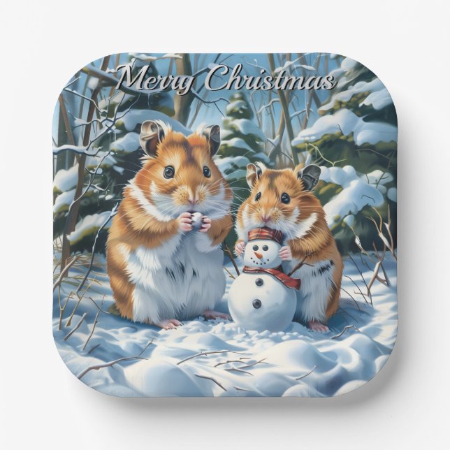 Plato De Papel Navidades de Hamsters y Snowman (Anverso)