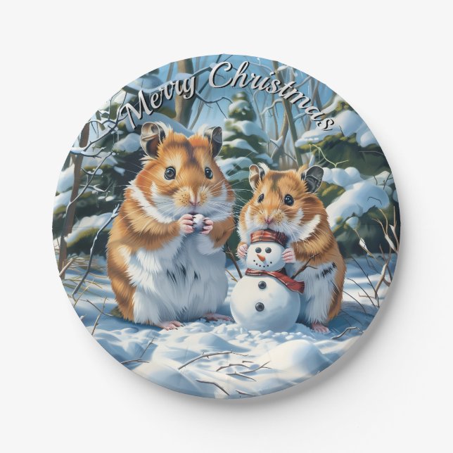Plato De Papel Navidades de Hamsters y Snowman (Anverso)