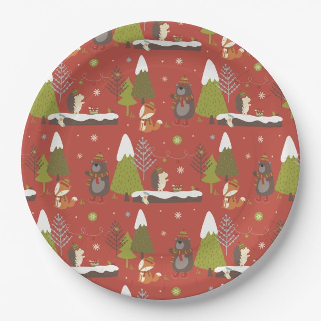 Plato De Papel Navidades de Hedgehog y Oso de Invierno (Anverso)