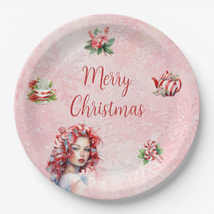 Plato De Papel Navidades de hierbabuena Fiesta de té rosado copo 