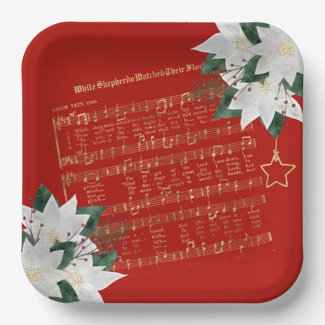 Plato De Papel Navidades de himmn de Poinsettia Blanca y Music Go (Anverso)