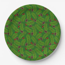 Plato De Papel Navidades de hojas verdes de pino, hornos y bayas