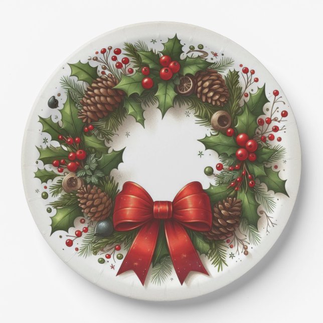Plato De Papel Navidades de Holly, Berries, Pinecones y Red Bow (Anverso)