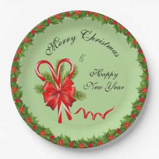Plato De Papel Navidades de Holly Berries y Candy Canes