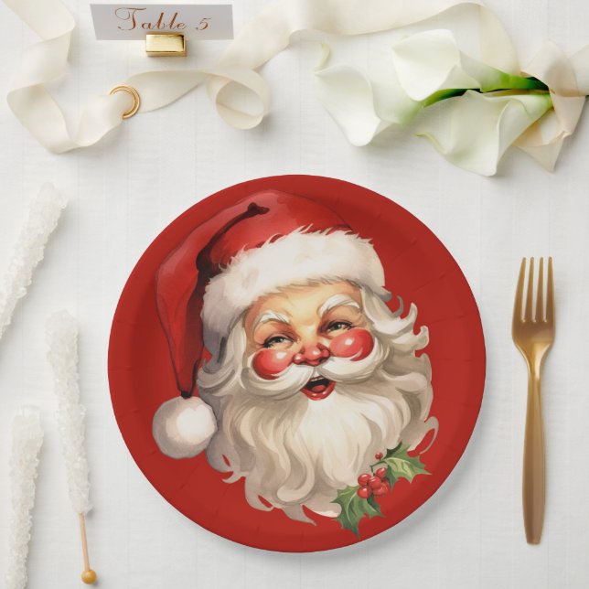 Plato De Papel Navidades de Holly Jolly Santa Claus Retro (Boda)