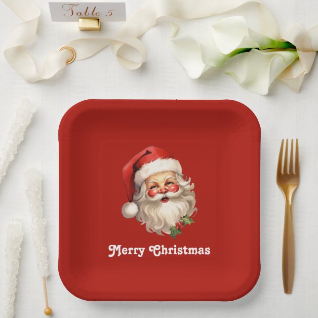 Plato De Papel Navidades de Holly Jolly Santa Claus Retro (Boda)