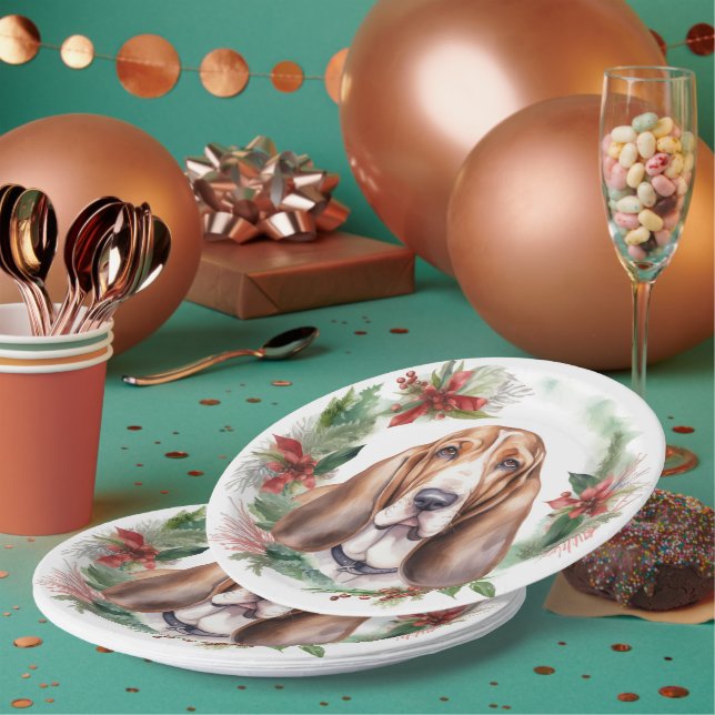 Plato De Papel Navidades de Hound Basset Wreath Festimes Pup (Multi)