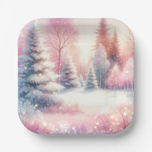 Plato De Papel Navidades de Invierno Rosa Wonderland