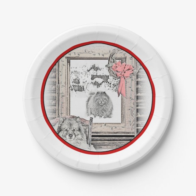 Plato De Papel Navidades de Keeshond Ventana de Invierno Pintura  (Anverso)