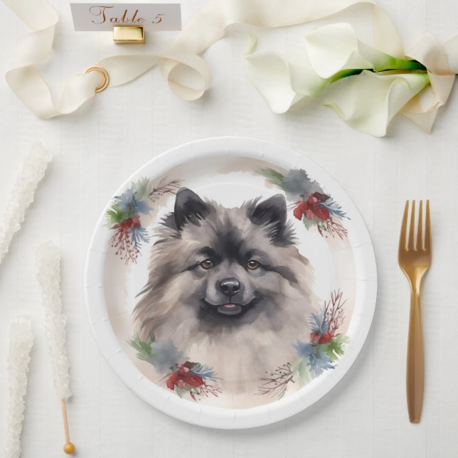 Plato De Papel Navidades de Keeshond Wreath Festive Pup (Boda)