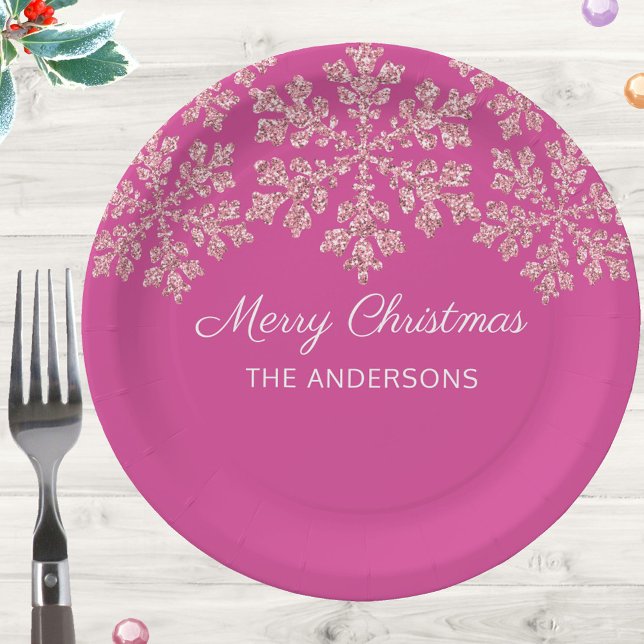 Plato De Papel Navidades de la celebración del Bling de cerezo de (Add these elegant dark pink and faux sparkle snowflake paper plates to your holiday event table)