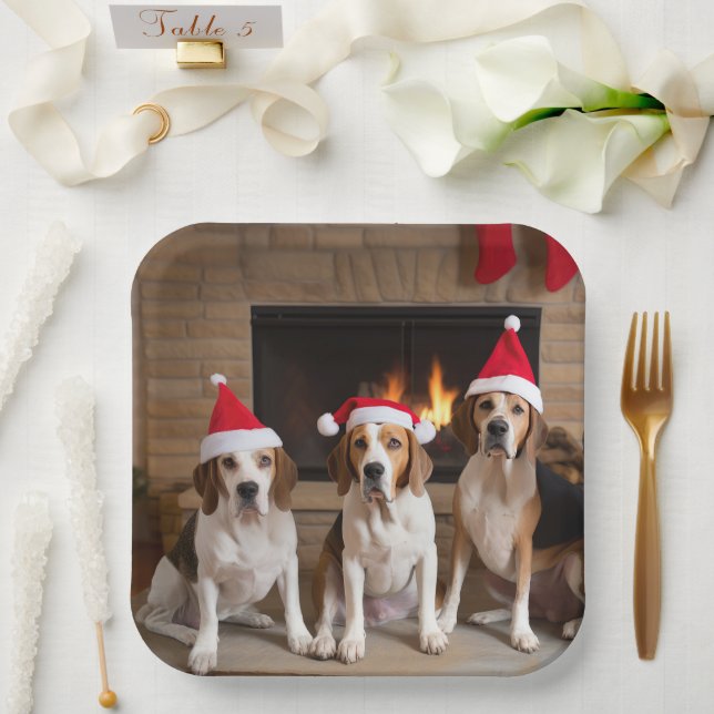 Plato De Papel Navidades de la chimenea de Foxhound inglesa (Boda)