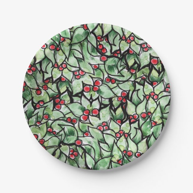 Plato De Papel Navidades de la hoja festiva acuarela pintura (Anverso)