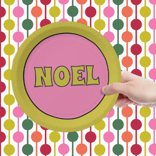 Plato De Papel Navidades de la noel 1970 con letras retro rosadas