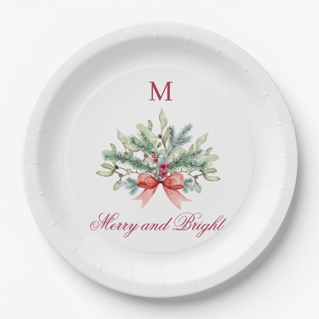 Plato De Papel Navidades de la vegetación del Monograma rojo bril (Anverso)