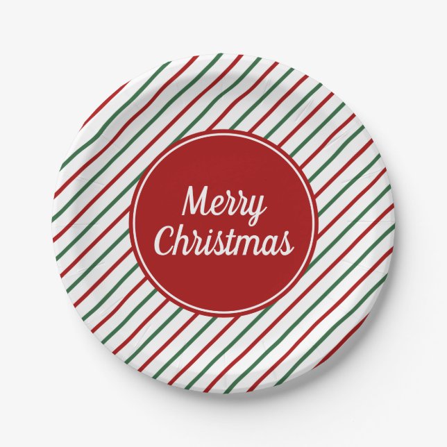 Plato De Papel Navidades de las franjas rojas verdes festivas (Anverso)