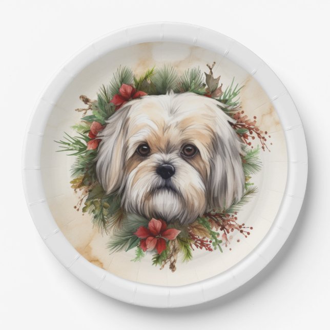 Plato De Papel Navidades de Lhasa Apso Wreath Festimes Pup (Anverso)