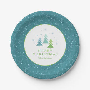 Plato De Papel Navidades de los árboles verde azulados y azules 