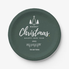 Plato De Papel Navidades de los árboles verdes y feliz año nuevo 