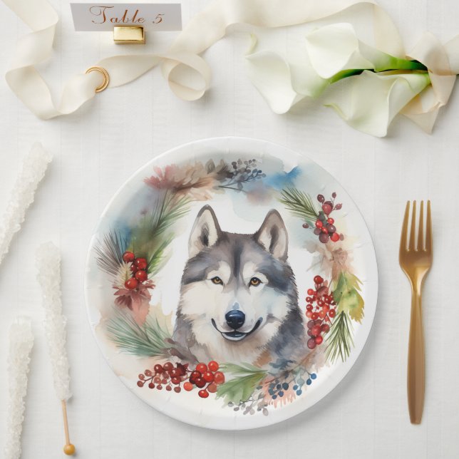 Plato De Papel Navidades de Malamute de Alaska escribieron presen (Boda)