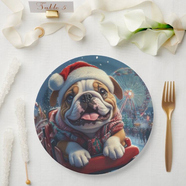 Plato De Papel Navidades de montaña rusa de bulldog (Boda)
