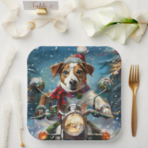 Plato De Papel Navidades de moto de Jack Russell Dog Riding