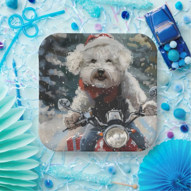 Plato De Papel Navidades de motocicletas Bichon Frise Dog Riding (Fiesta)