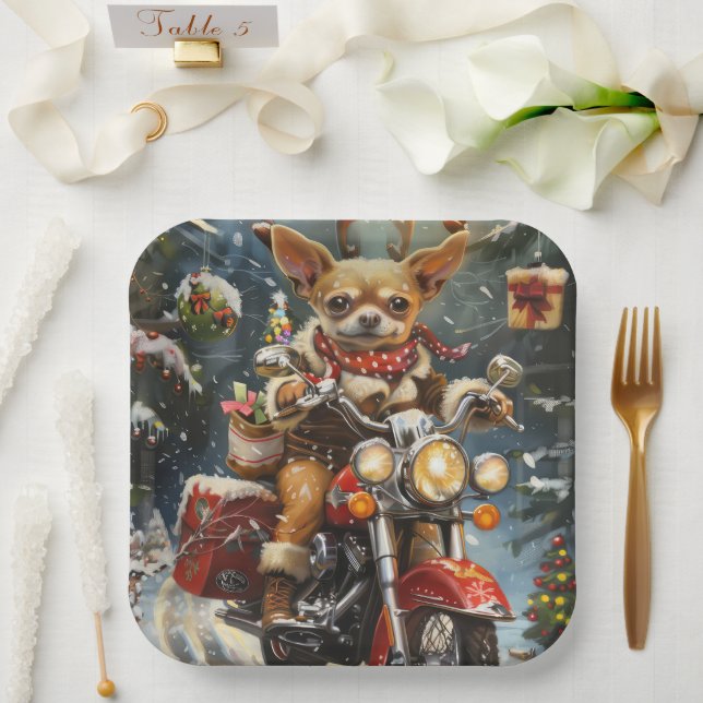 Plato De Papel Navidades de motocicletas Chihuahua Dog Riding (Boda)