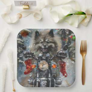 Plato De Papel Navidades de motocicletas Keeshond Dog Riding
