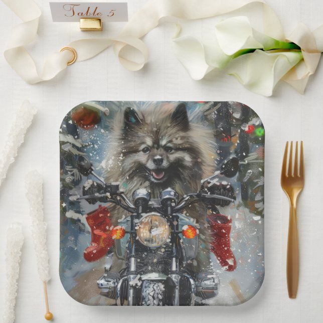 Plato De Papel Navidades de motocicletas Keeshond Dog Riding (Boda)
