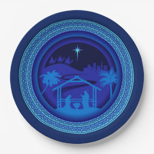 Plato De Papel Navidades de natividad azul 9"