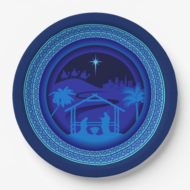 Plato De Papel Navidades de natividad azul 9" (Anverso)