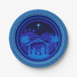Plato De Papel Navidades de Natividad Azul coincidentes 7"