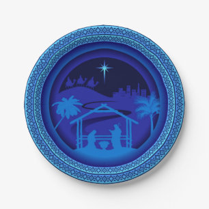 Plato De Papel Navidades de Natividad Azul coincidentes 7"