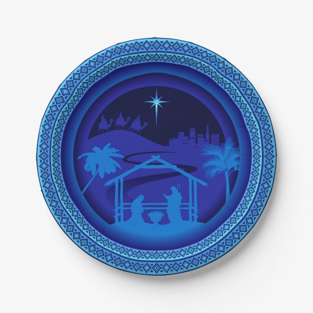 Plato De Papel Navidades de Natividad Azul coincidentes 7" (Anverso)