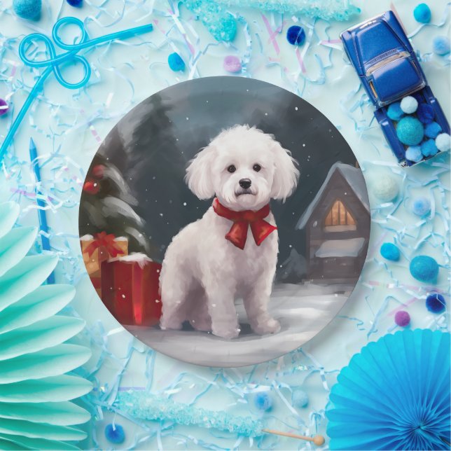 Plato De Papel Navidades de Nieve de Bichon Frise Dog (Fiesta)