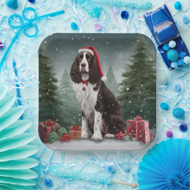 Plato De Papel Navidades de nieve de Springer Spaniel Dog (Fiesta)