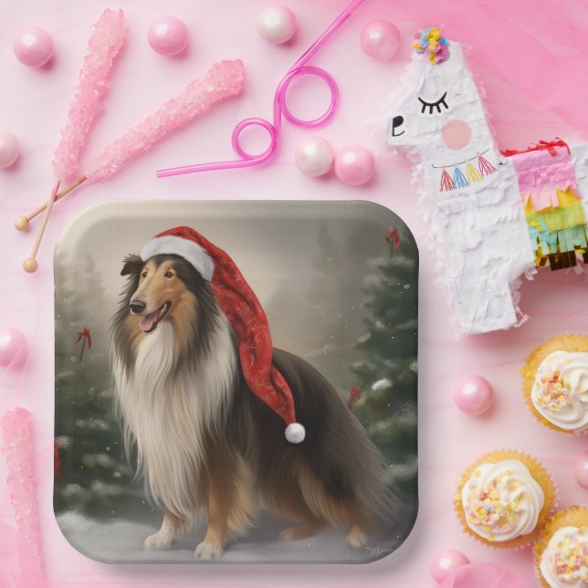Plato De Papel Navidades de Nieve en el bruto perro de Collie (Fiesta)