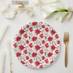 Plato De Papel Navidades de novelas rojas Flowers Berries Holiday