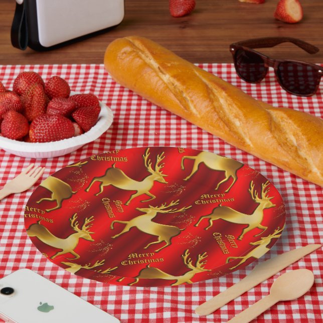 Plato De Papel Navidades de oro festivo y renos rojos (Picnic)