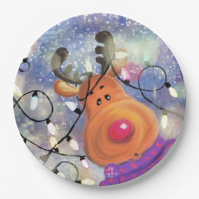 Plato De Papel Navidades de papel rellenan reno feliz (Anverso)