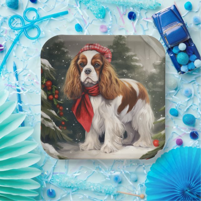 Plato De Papel Navidades de Perro Cavalier King Charles Spaniel (Fiesta)