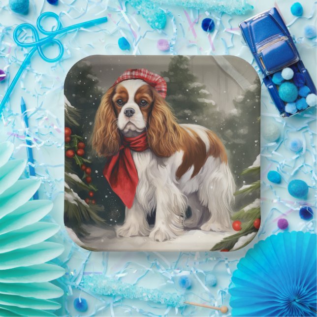Plato De Papel Navidades de Perro Cavalier King Charles Spaniel (Fiesta)